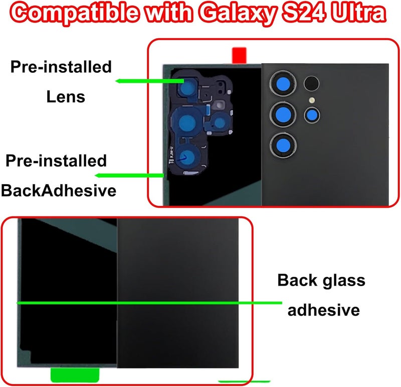 Anglepingping S24 Ultra Back Glass Replacement for Samsung Galaxy S24 Ultra 5G Back Glass Cover with Pre-Installed Tape and Camera Lens +Tools (Dark Gray) - Image 3